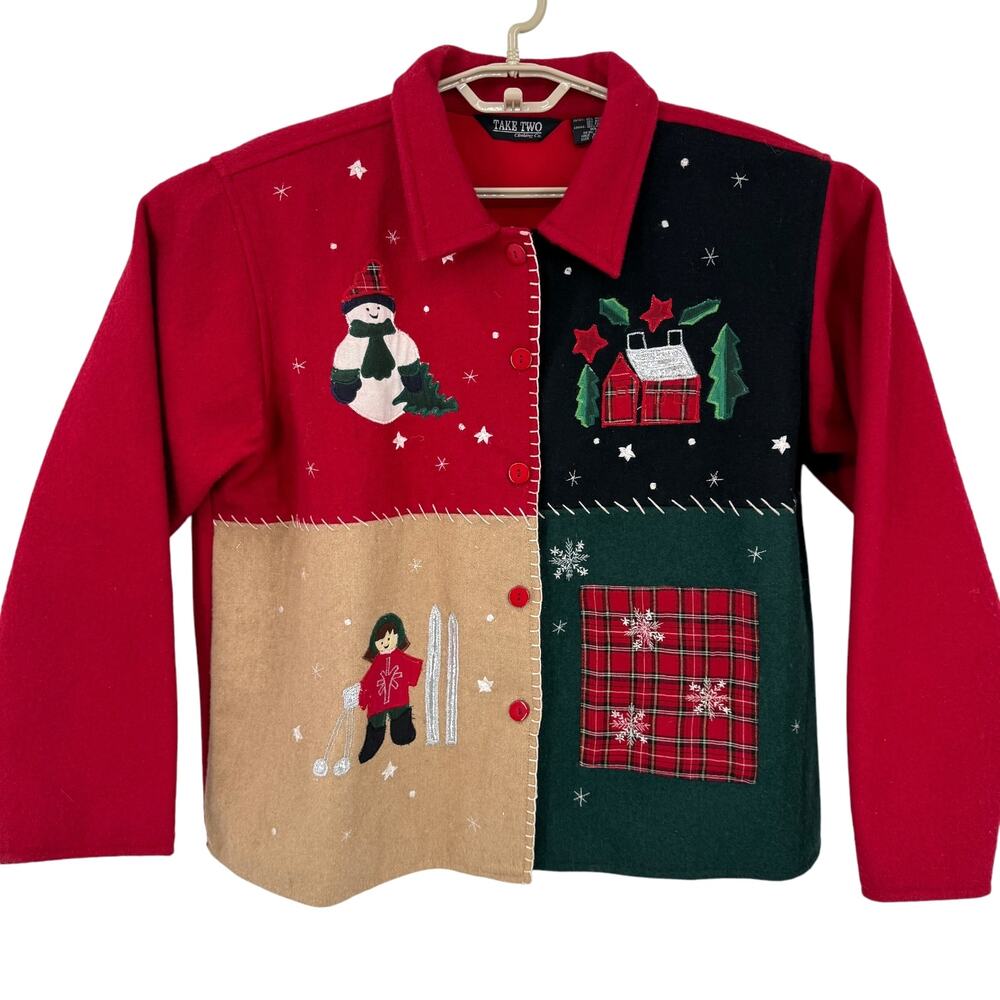 Take Two Vintage Wool Jacket Blazer Winter Wonderland Snowman Ski Size XL